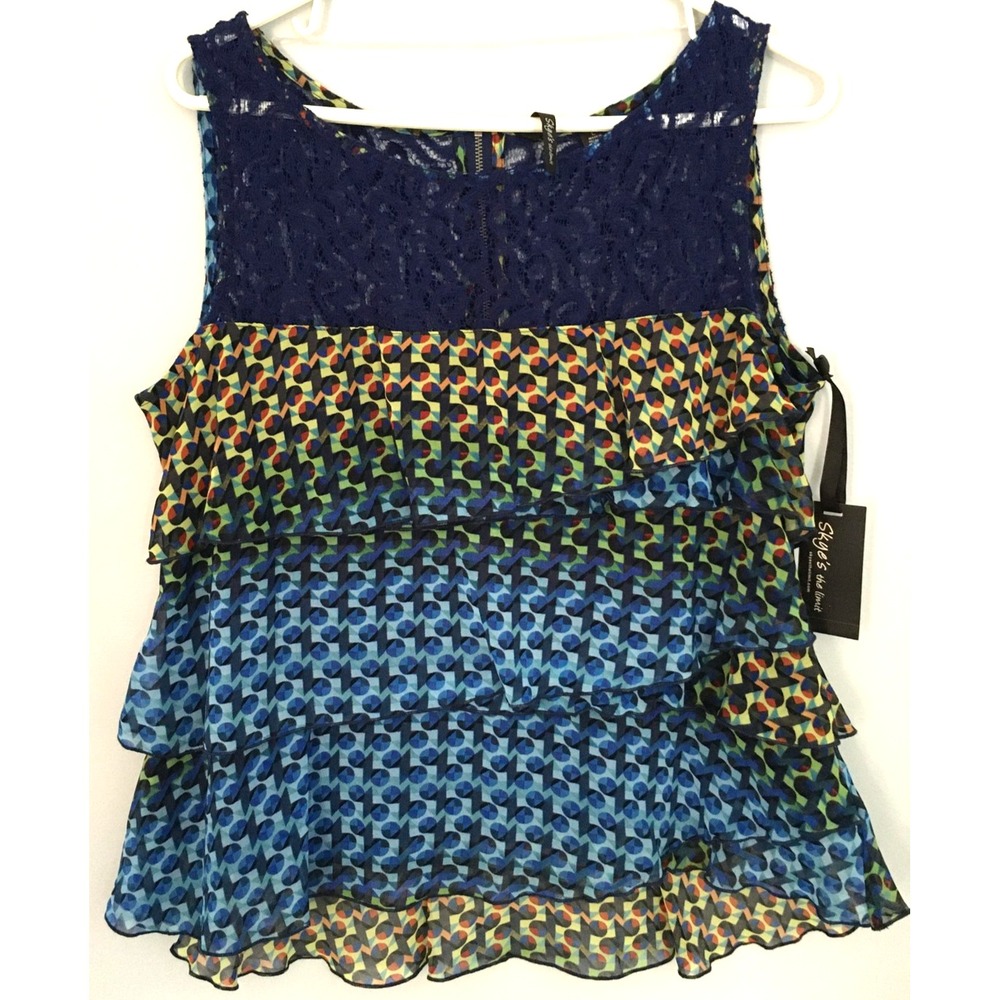 Skye's the limit Blouse Womens Large Blue Multicolor Bright Future Lace Ruffle‎